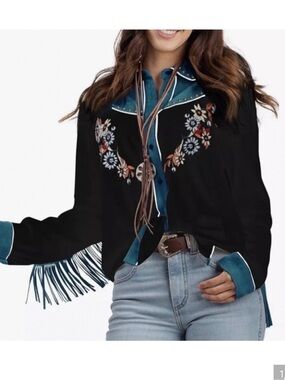 John Moon Texas Fringe Western Shirt Medium Turquoise Black Floral Embroidered